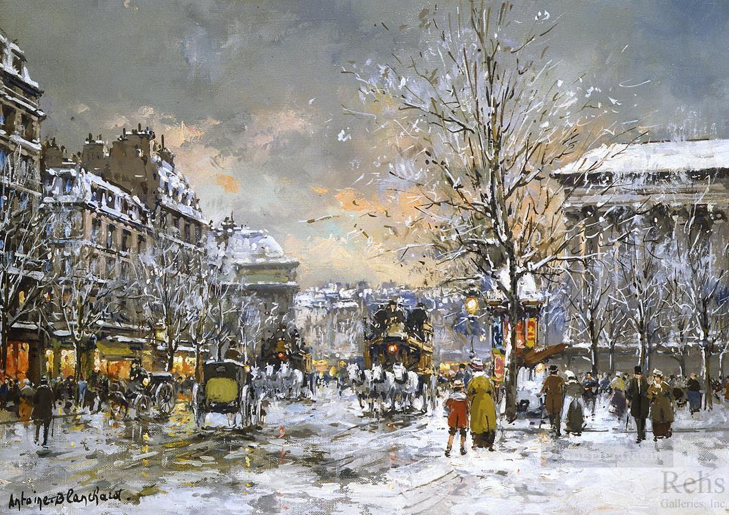 antoine blanchard omnibus on the place de la madeleine winter Oil Paintings